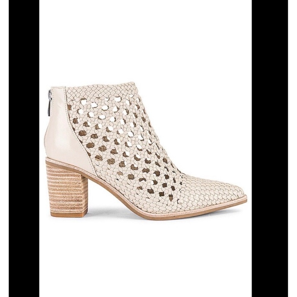 Woven Leather Pointed Toe Ankle‎ Boots Cream Block Heel Back Zip Size 7.5
